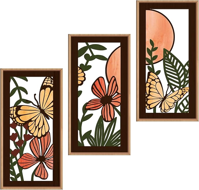IARTTOP Wood Floral Framed Wall Art 8x16 Inch Set of 3 Abstract Green Leaf Butterfly Wooden Wall Decor Minimalist Nature Landscape Artwork for Living room Bedroom Dining room