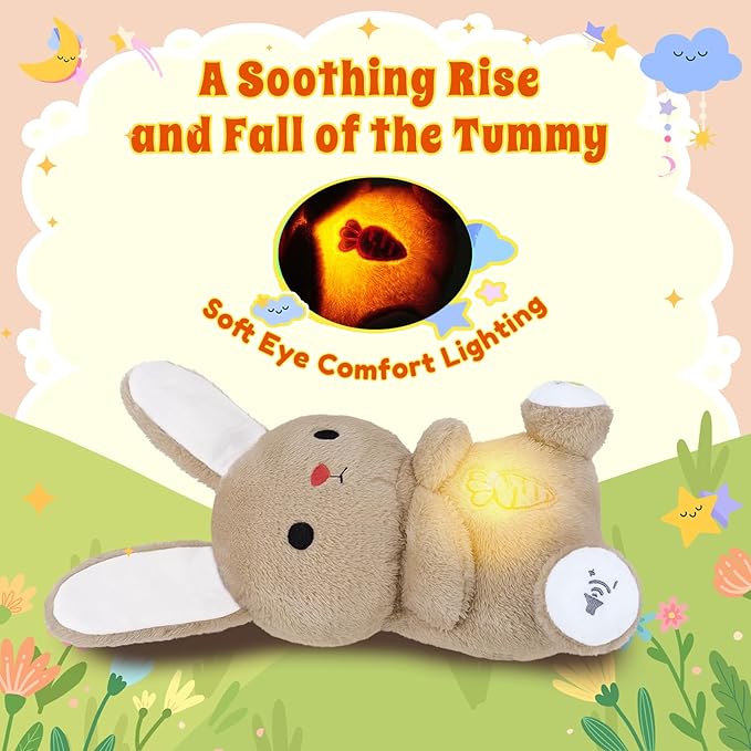 BRICHOEE Breathing Stuffed Animal, Soothing Bunny Stuffed Animal with Moving Ears, Breathing Motion, Calming Sound and Light for Baby Sleep Companion Portable Plush Toy Gifts for Kids Adults Newborns
