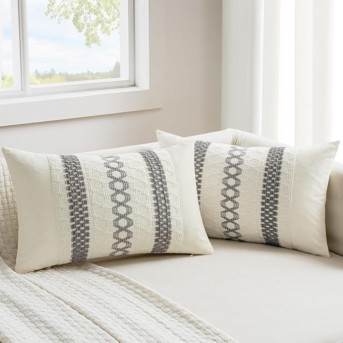 MIULEE Set of 2 Gray Boho Decorative Lumbar Pillow Covers 12x20 Inch | Farmhouse Couch Throw Pillows, Modern Cotton Cushion Covers, Macrame Woven Spring Home Decor for Bed Sofa Chair
