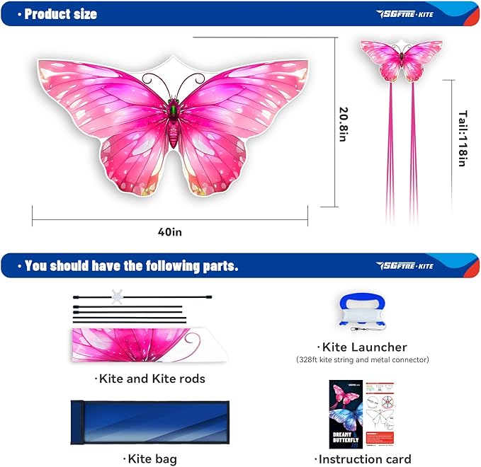 SGftre Butterfly Kite for Boys and Girls Easy Flight Hand Kites Perfect Outdoor Toy for Kids and Adults, Great for Beach Fun and Outdoor Activities, Great Gift for Kids (Pink Dreamy Butterfly)