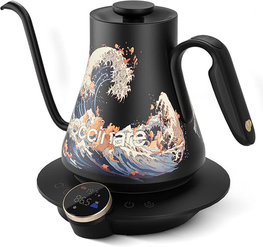 Cocinare Gooseneck Electric Kettle, ±0.5°F Precise Temperature Control, 1500W Fast Heating, Pour-Over Coffee & Tea, Stainless Steel, 0.9L (Artisan Wave Design)