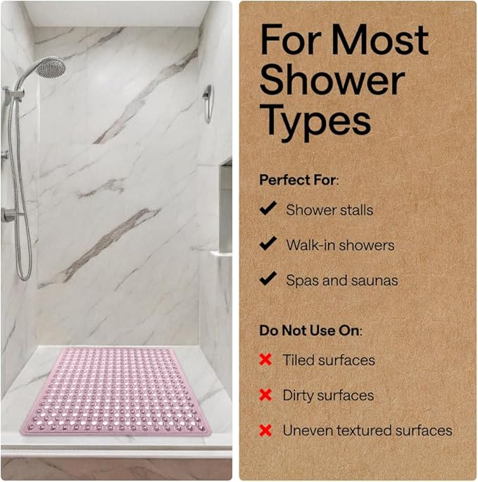 GORILLA GRIP Patented Square Shower Stall Mat, Small Bathtub Floor Mats for Stand Up Showers, Suction Cups and Drainage Holes, Machine Wash, Soft on Feet, Bathroom Accessories 21x21 Inch, Light Pink