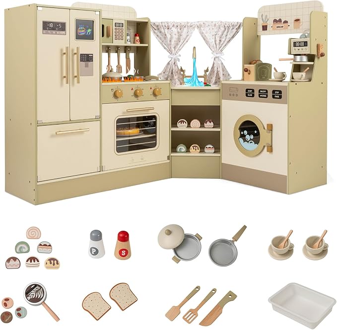 Costzon Kids Corner Play Kitchen, Pretend Play Kitchen Playset w/Stoves, Coffee Machine, Refrigerator, Microwave, Toaster & Accessories, Wooden Toy Kitchen Set for Boys Girls 3+