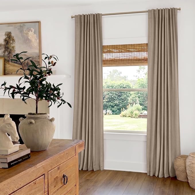 100% Blackout Shield Brown Linen Blackout Curtains for Bedroom 84 Inches Long, Back Tab/Rod Pocket Living Room Drapes, Thermal Insulated Blackout Curtains 2 Panels Set, 50" W x 84" L,Copper Brown