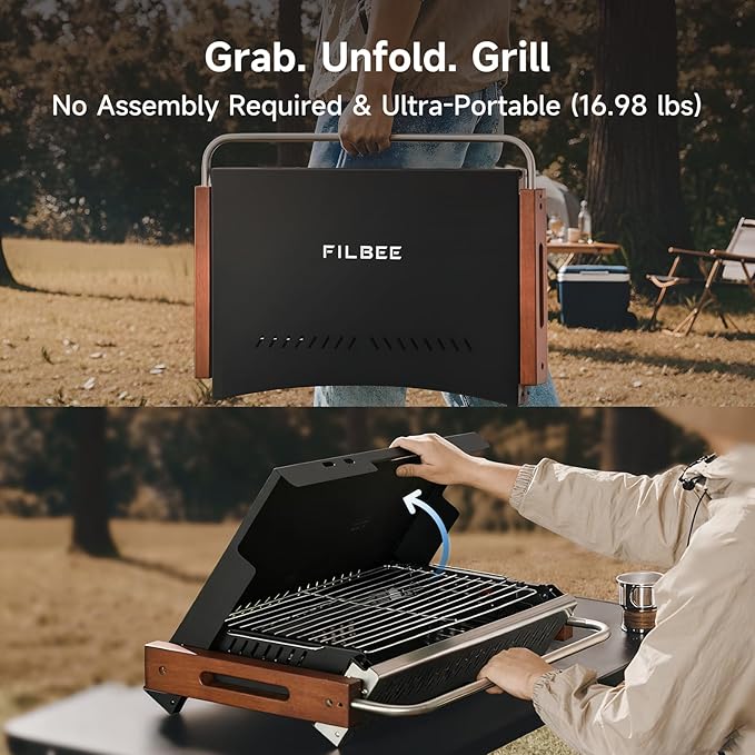 Portable BBQ Charcoal Grill, No Assembly Hibachi Grill for Camping | Height Adjustable 304 Stainless Steel Grate, Easy Clean Enamel Tray, Foldable Grill for Beach and Patio