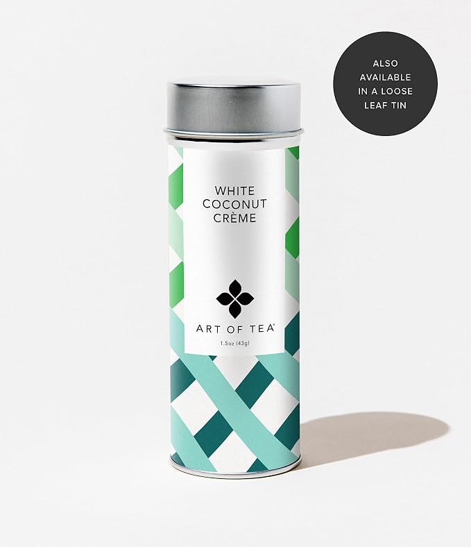 Art of Tea White Coconut Creme White Tea Bags, 50 Pyramid Sachets, Organic White Tea with Coconut & Vanilla Flavor, Low Caffeine Tropical Dessert Tea