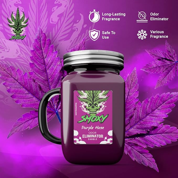 Smoxy Smoke Odor Eliminator Candle - Scented Candle for Home - Indoor Space Deodorizer & Air Freshener with Fragrance Pet Smell - Natural Palm Wax - Glass Mason Jar, 13oz. (Purple Haze)
