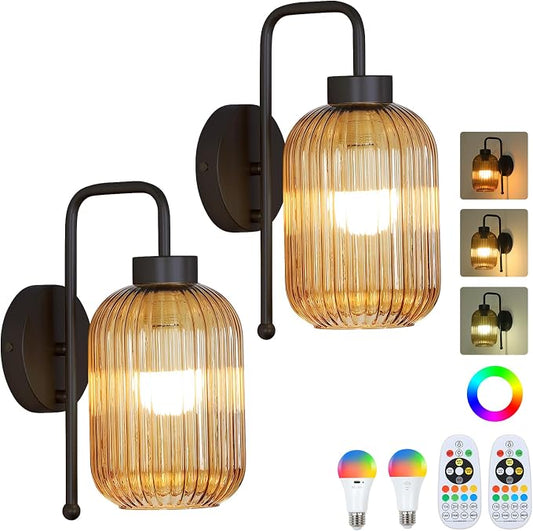 LAMSU Black Battery Operated Wall Sconces Set of 2, Rechargeable Wireless Wall Lights with Amber Stripe Glass Shade, Remote and Bulb, Vintage Cordless Sconce Wall Decor for Bedroom Living Room