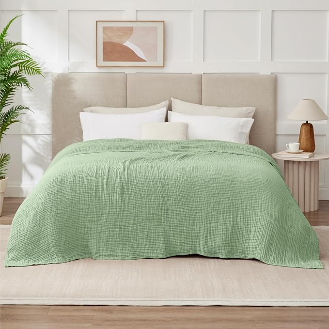 100% Cotton Muslin Blanket California King 120" x 90", 6 Layers Breathable and Lightweight Oversized Blankets for Bed, Soft Cooling Gauze Blanket for Adults All Season, Sage Green