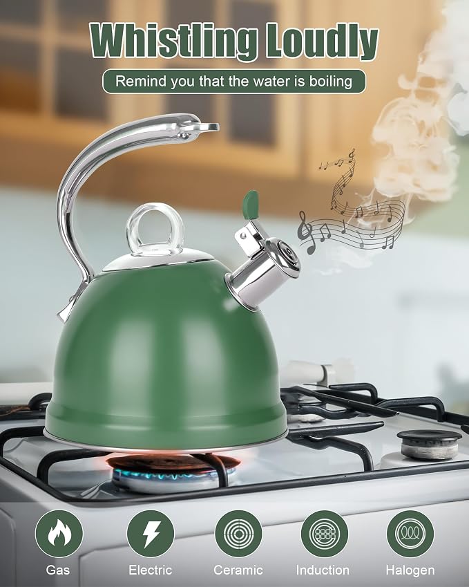Harriet Tea Kettle Stovetop, 2.5 Quart Whistling Stainless Steel Tea Pot, 3-Layer Base, Unique Ergonomic Handle, Includes Pot Holder & Mat, Electric/Induction/Gas Stovetops Applicable, Green