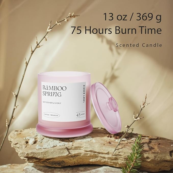 Hidden Label Bamboo Spring Candle, 13oz Soy 2-Wick 45H, Green Fresh Aroma | Natural Soy Wax | Dual-Flame Even Melt | Tranquil Grove Scent | Safe Clean Burning | Wellness Gift