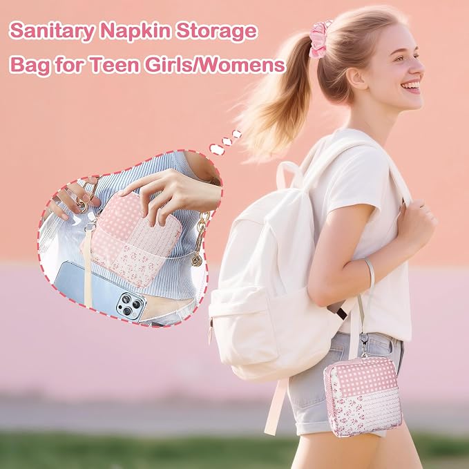 Likesing Quilted Period Bag, Period Pouches for Teen Girls Womens, Portable Floral Print Sanitary Napkin Storage Bag Feminine Emergency Tampon Pad Pouch(Pink Floral Clash)