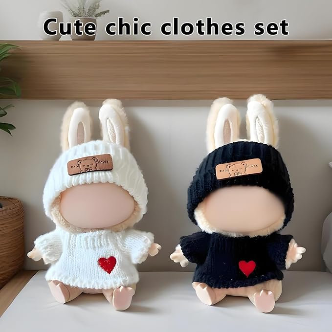 17cm Doll Clothes Outfits - Cozy Knit Top & Beanie Hat for Plush/Blind Box Collectibles (White&Black Sweater)