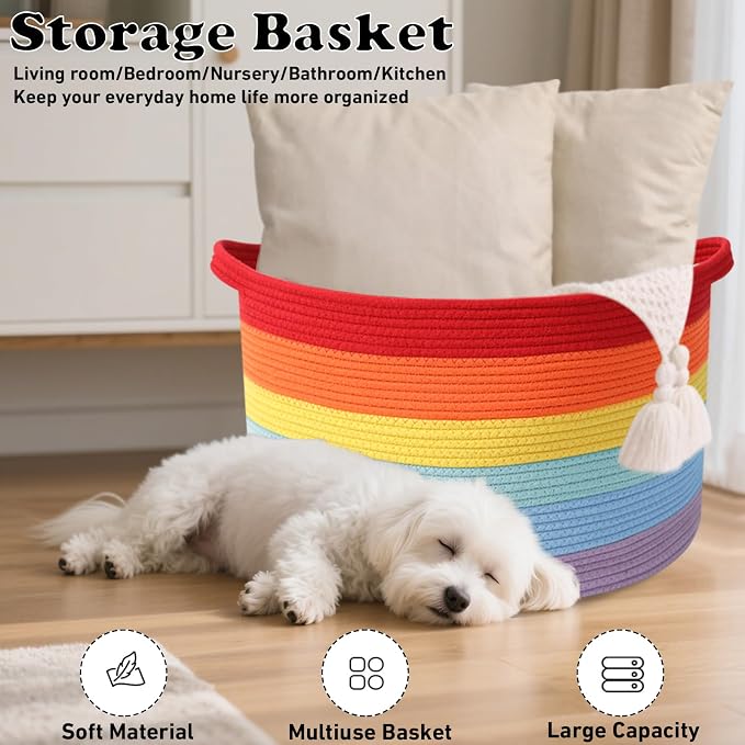 65L Large Blanket Basket,Rope Woven Laundry Basket-Rainbow | Collapsible, reinforced handles, nursery storage bin organizes clothes, toys and pillows for living room, bedroom bathroom