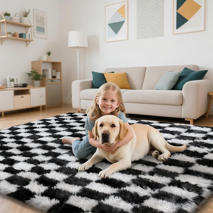 Checkered Rug for Living Room, 8x10 Black and White Area Rugs, Classic Checkered Carpets Shag Area Rug, Bedside Rugs for Living Room Bedroom Room Home Decor