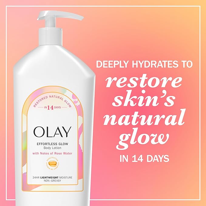 Olay Body Lotion for Women, Effortless Glow,Restore Natural Glow, 24hr Moisturizing & Deep Hydration, Absorbs Instantly, Penetrating Vitamin B3,For All Skin Types,Rose Water Scent,18 fl oz,(Pack of 2)