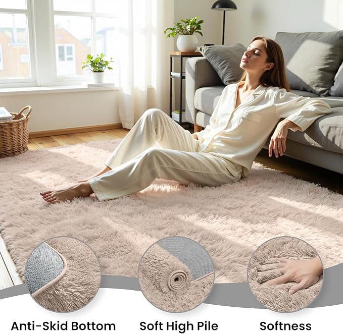 5x7 Area Rug for Living Room, Ultra Soft Fluffy Beige Rugs for Bedroom, Non Slip Large Shag Carpet, Fuzzy Plush Nursery Rug, Thick Washable Indoor Floor Carpets for Kids Office Dorm Home Decor