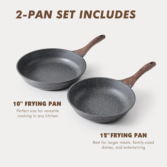 SENSARTE Swiss Granite Coating Nonstick Frying Pans, Grey(10+12 Inch) | Swiss granite nonstick coating, healthy & durable.Compatible with all stoves including induction cooktops. Easy to clean.