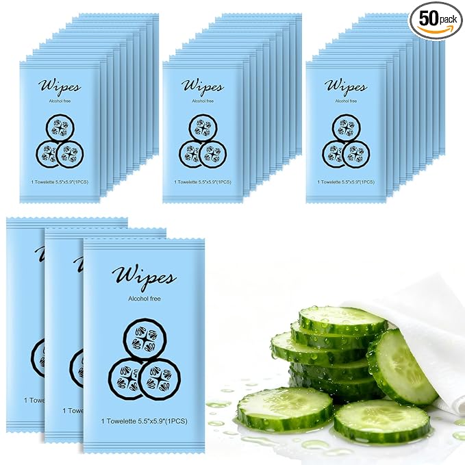 Individual Hand Wipes Wet Wipes Travel Size,Wet Wipes Individually Wrapped | 50PCS Bulk Cleansing Travel Size Wipes for Wedding Travel Restaurant Barbecue(Cucumber)