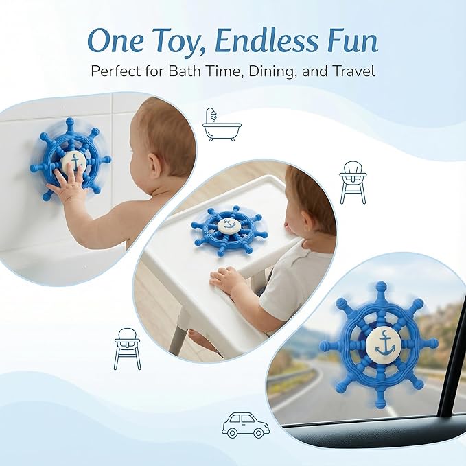 Suction Cup Spinning Toy - Navy Blue Ship Steering Wheel for Babies and Toddlers, Bathtub and High Chair Sensory Activity Toy, Car Window Travel Toys with Strong Grip