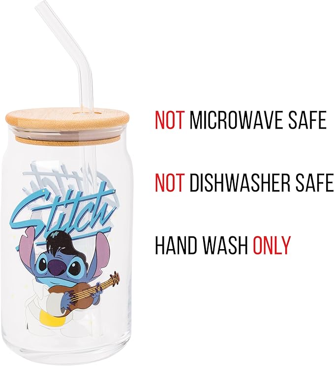 Silver Buffalo Disney Lilo and Stitch Glass Tumbler with Bamboo Lid and Glass Straw Featuring Stitch in an Elvis Costume, 16 Ounces