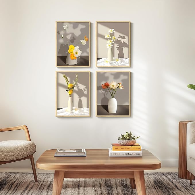 Framed Botanical Floral Wall Art, 4 Piece Yellow Flower Canvas Painting Prints Artwork for Walls, Modern Elegant Pictures for Living Room Bedroom Kitchen Hallway Dining Room Home Decor, 12x16 Inch