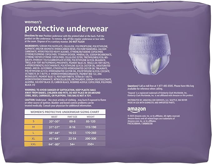 Amazon Basics Maximum Absorbency Incontinence Underwear for Women, Disposable Postpartum, Bladder Leak Protection, Odor Control, Soft, Medium, Lavender, 60 Count (3 Packs of 20)