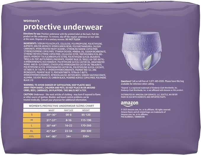 Amazon Basics Postpartum Incontinence Underwear for Women, Maximum Absorbency, Disposable, Fresh Protection, Odor Control, Comfortable Fit, Medium, Lavender, 20 Count
