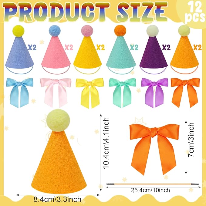 12pcs Mini Party Hats for Stuffed Animals, Birthday Party Cone Hats with Bow Tie for Dolls Dog Cat Rabbit Puppies Assorted Animal Birthday Decorations