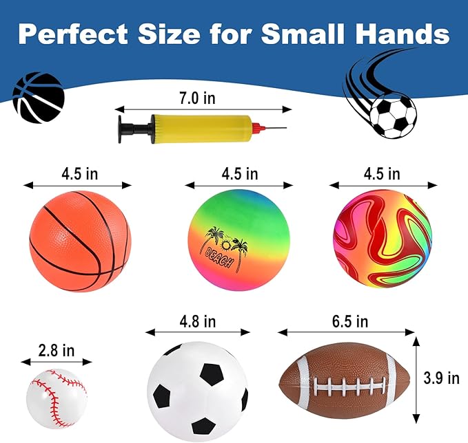 6 Pcs Outside Toys Balls for Toddlers 1-3 with Bag, Toddler Outdoor Sports Toys, Bouncy Balls Playground Beach Ball for Kids, Football Basketball Rugby Baseball Volleyball Soccer 1 2 3 4 5 Gift