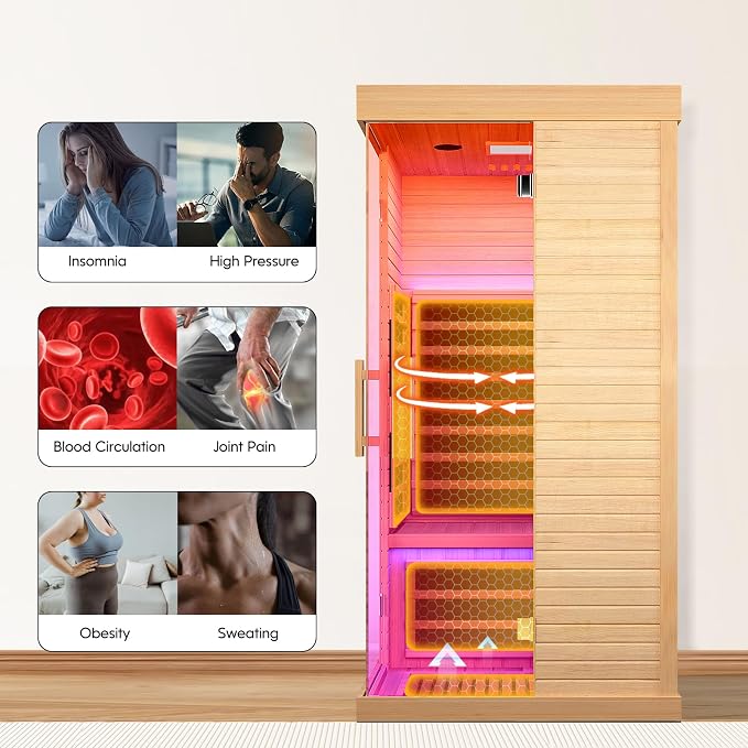 OUTEXER Sauna Room Indoor Far Infrared Saunas Home Canadian Hemlock 1450W Low-EMF Dry Saunas Single Person Spa with 7 Color Therapy 35.4 * 35.4 * 70.9inch