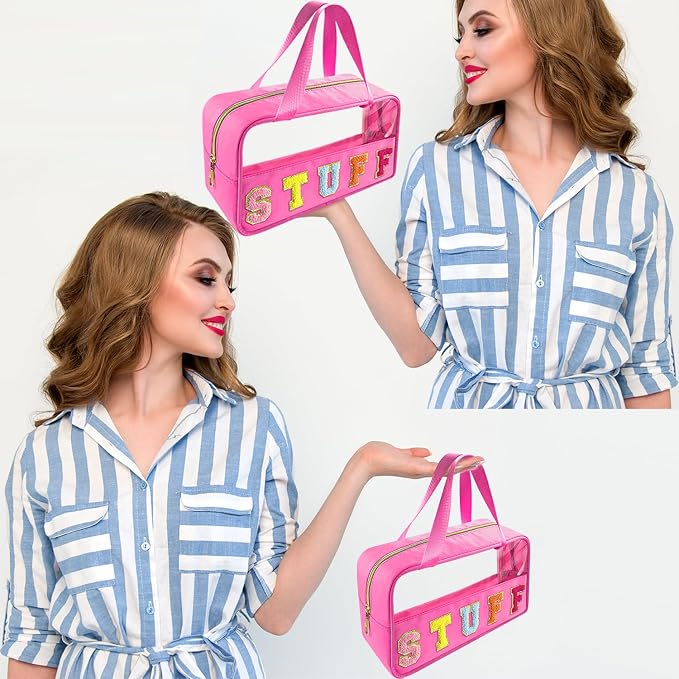 Bunliuys Chenille Letter Clear Makeup Bag Stuff Patch, Travel Toiletry Makeup Bag with Handle, Nylon Waterproof Makeup Bags clear cosmetic bag, preppy patch makeup bag for Women (STUFF-Hot Pink)