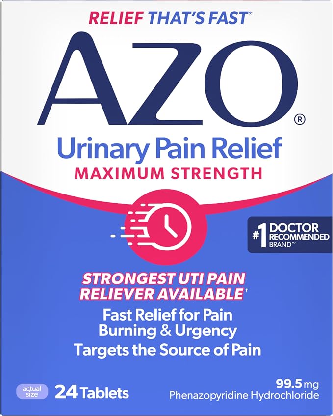 Azo, Urinary Pain Relief Maximum Strength, Fast relief of Uti Pain, Burning and Urgency, Targets Source of Pain, #1 Most Trusted Brand, 24 Count
