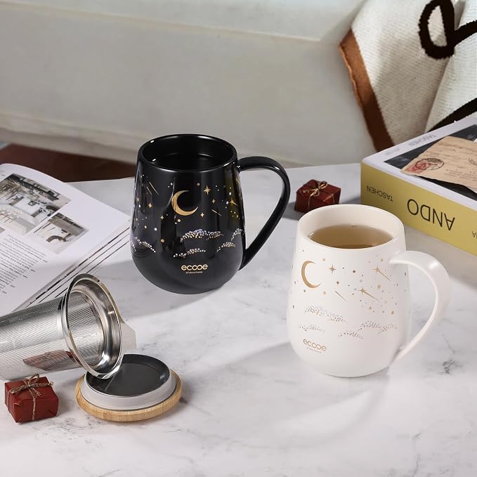 ecooe Large Tea Infuser Mug 20.3oz Ceramic Tea Cup with Removable Stainless Steel Infuser and Lid, 600ml Tea Mug for Loose Leaf Tea, New Home Gifts for Parents Friends Office (White) | 600 ml Large White Ceramic Tea Mug with Tea Strainer / Lid / Handle...