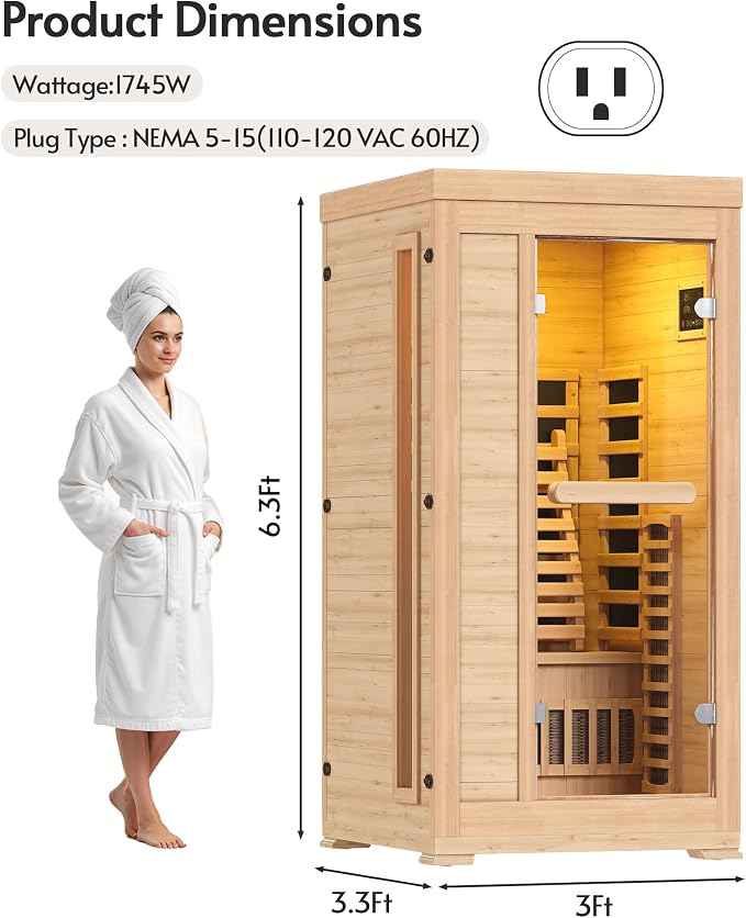Infrared Sauna at Home 1-2 Person with 7 Color Full Spectrum, Low EMF 1745W Fast Heating Canadian Hemlock Wood Sauna, Indoor Dry Sauna with Music Speakers for Home, Gym (3Lx3.3Wx6.3H Ft)