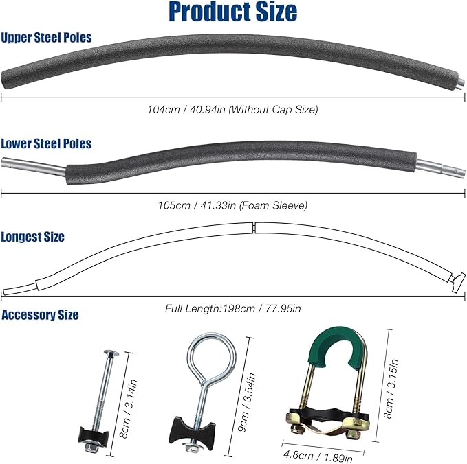 2PCS Trampoline Poles Replacement, 1mm Thick, Fits 1.65'' / 4.2CM Inner Diameter for 10-16FT Jumpzylla Trampolines, Complete Kit with Protective Foam Sleeves & Mounting Hardware