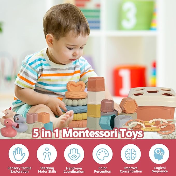 Shape Sorter for Toddler 1-3, 5 in 1 Montessori Baby Toys for Infants 6-48 Months, Sorting & Stacking Toy for Fine Motor Skills, Sensory Learning Set with Rings Link, Birthday Gift