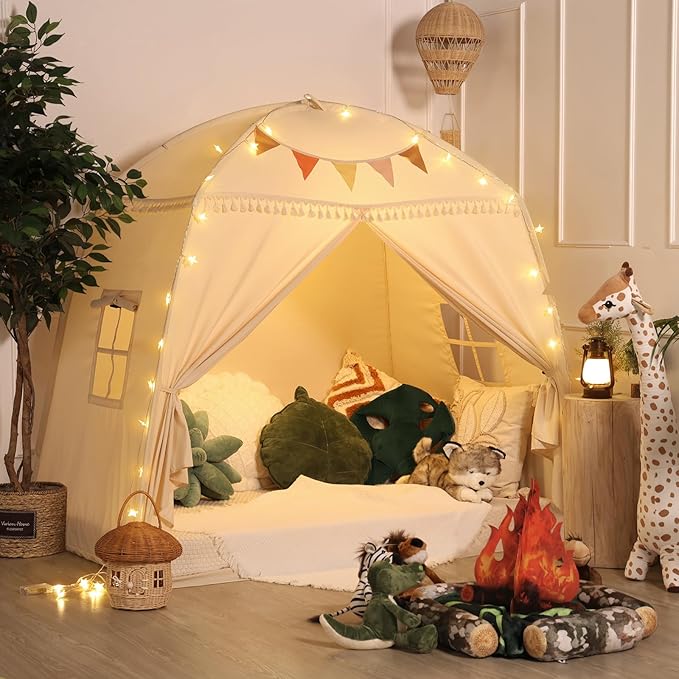 Sumbababy Large Teepee Tent for Kids: with Star Lights & Flags - Tent for Kids Indoor Kids Teepee for Boys & Girls - Playhouse Inside Canopy Bed for Playroom Gift Toys (Cream)