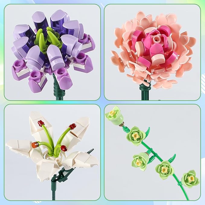 Flower Bouquet Building Blocks Pink Carnation Botanical Collection Bricks Sets Creative Toys Kits Mother's Day Birthday for Adults Mom Girlfriends Old Kids 8-12, 6-12 (514PCS)