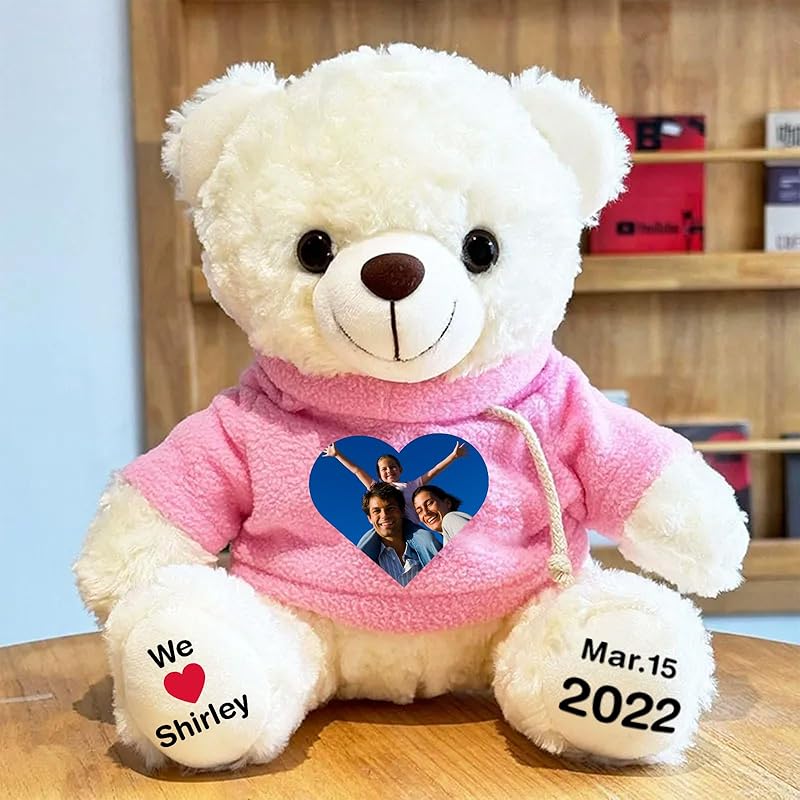 Custom Bear Plush with Picture Text Logo, 11 Inch Personalized Teddy Bear Stuffed Animal, Christmas Birthday Gift for Girls Boys Kids Adults Valentines Graduation Keepsake (Hoodie
