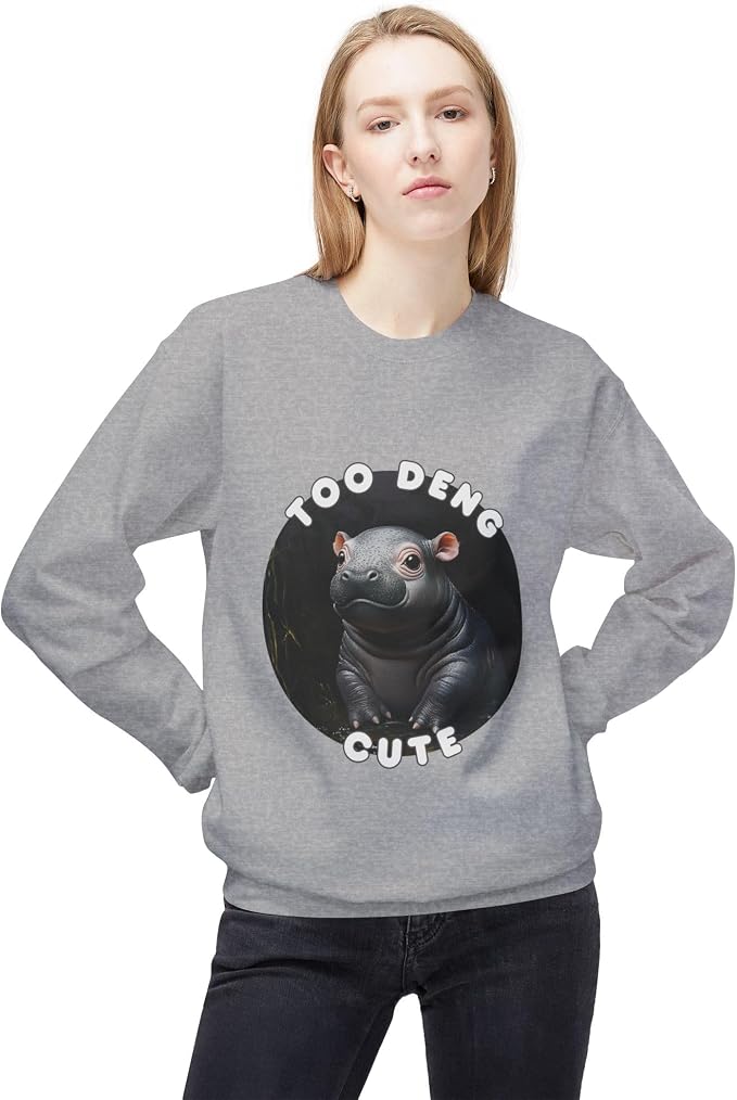 Unisex Fleece Crewneck Sweatshirt - Too Deng Cute Moo Deng Hippo, Cozy Cotton Blend, Classic Relaxed Fit