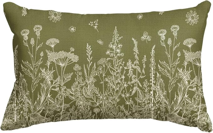 AVOIN colorlife Wildflowers Spring Moss Green Throw Pillow Cover 12x20 Inch | Floral Cushion Case Decoration for Home Sofa Couch