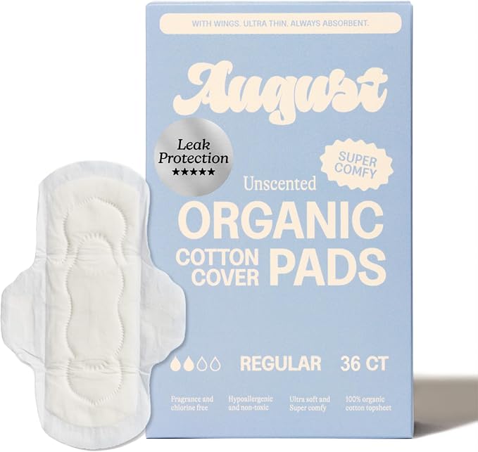 August Regular Cotton Menstrual Pads, 36-Pack Ultra Thin Pads with Wings, Hypoallergenic Sanitary Napkins with Organic Cotton Topsheet, Compostable Wrappers, Toxin Free, Fragrance Free
