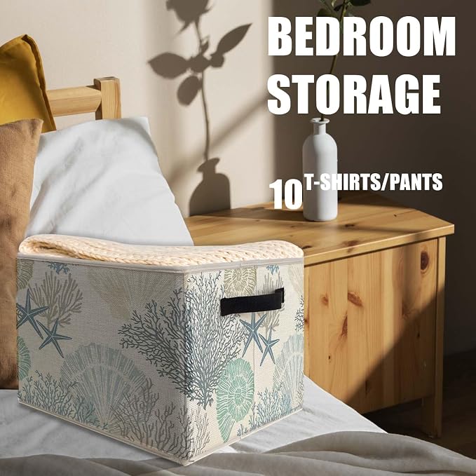 Coastal Beach Storage Bins Basket, Beach Room Decor, Coastal Coral Starfish Seashell Collapsible Fabric Storage Box Organizer Toybox for Bedroom Bathroom Clothes Books Toys