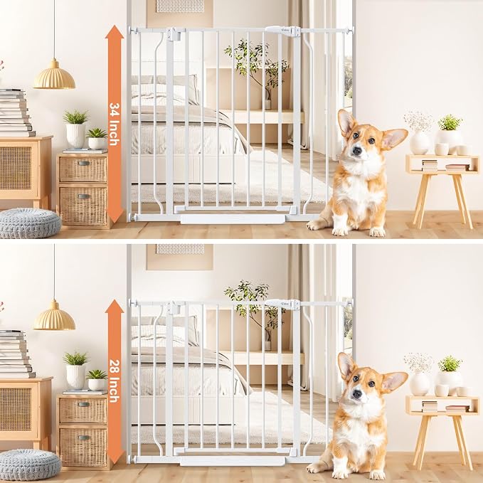34" Extra Tall Baby Gate for Stairs, Auto Close Stroller Friendly Dog Gate Indoor for Doorways, Pressure Mounted 29"-40" Wide Baby Gate, Easy Walk Through Gate for Children & Pets, White