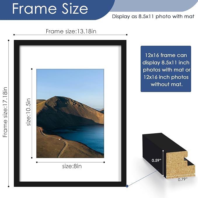 12x16 Picture Frame Set of 6, Wall Mounting Display, Black | Display 8.5x11 with Mat or 12x16 Without Mat, Horizontal or Vertical, Gallery Wall Frame Set for Wedding & Room & Home Decor