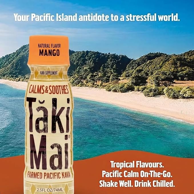 Taki Mai Mango Kava Kava 2.5 oz (6-pack) Shots – Noble Kava Root Drink, Ready to Drink for Stress Support & Relaxation, Fast Acting Herbal Support for Calming Better Sleep and Balanced Mood