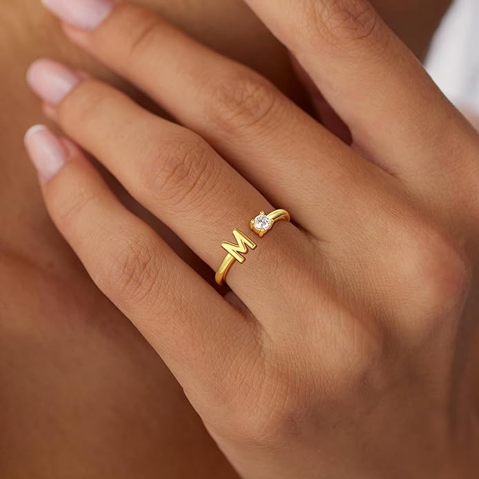 Valentines Day Gifts for Kids Teen Girls, 14K Gold Plated Adjustable Initial Rings for Women Teen Girl Trendy Stuff Birthday Valentines Day Gifts for Women Wife Mom Jewelry