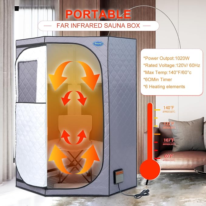 Portable Full Size Infrared Sauna for Home,Pentagonal Size Far Infrared Sauna,One Person Sauna Tent with Heating Foot Pad, Portable Chair, (L38 x W38 x H63, Grey)