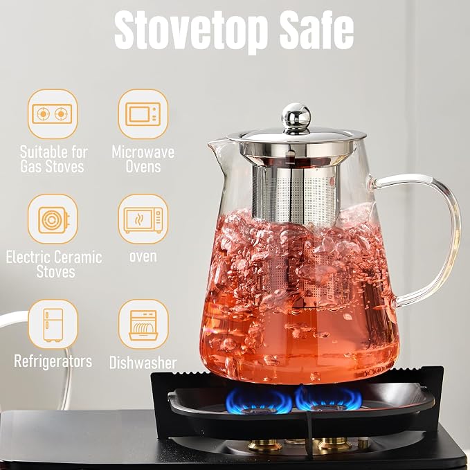 Baalaka Glass Teapot 33oz/950ml, Tea Pot with Removable Infusers for Loose Tea, Borosilicate Glass Tea Kettle Tea Maker Stovetop for Camping, Tea Infuser for Loose Leaf Tea Travel